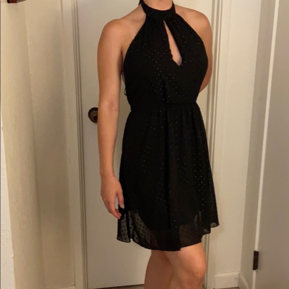 Black sparkle halter tie mini dress